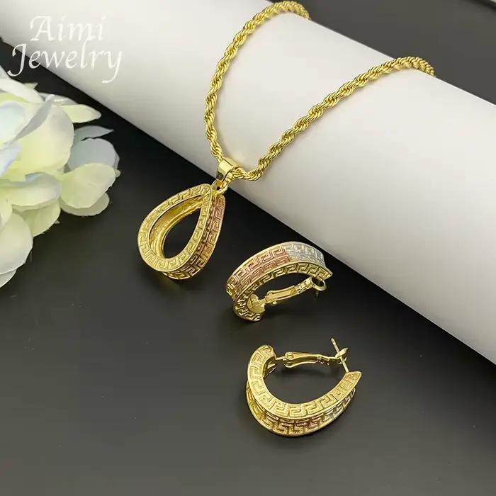 Ensemble de bijoux de luxe plaqués or pour femmes, pendentif avec chaîne, boucles d'oreilles pendantes, cadeaux d'anniversaire de mariage, accessoires de bijoux