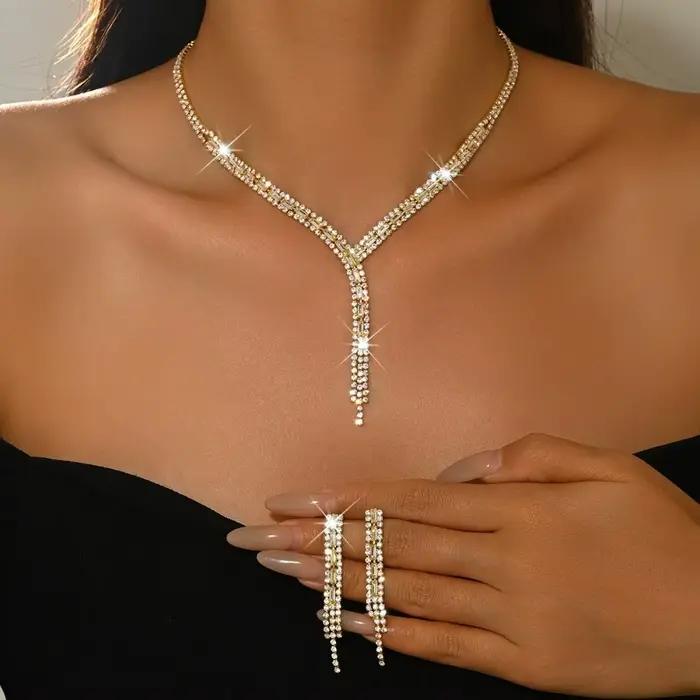 Ensemble de bijoux élégant en forme de Y avec pampilles, collier et boucles d'oreilles pendantes rétro luxueux, ensemble collier et boucles d'oreilles exquis en strass