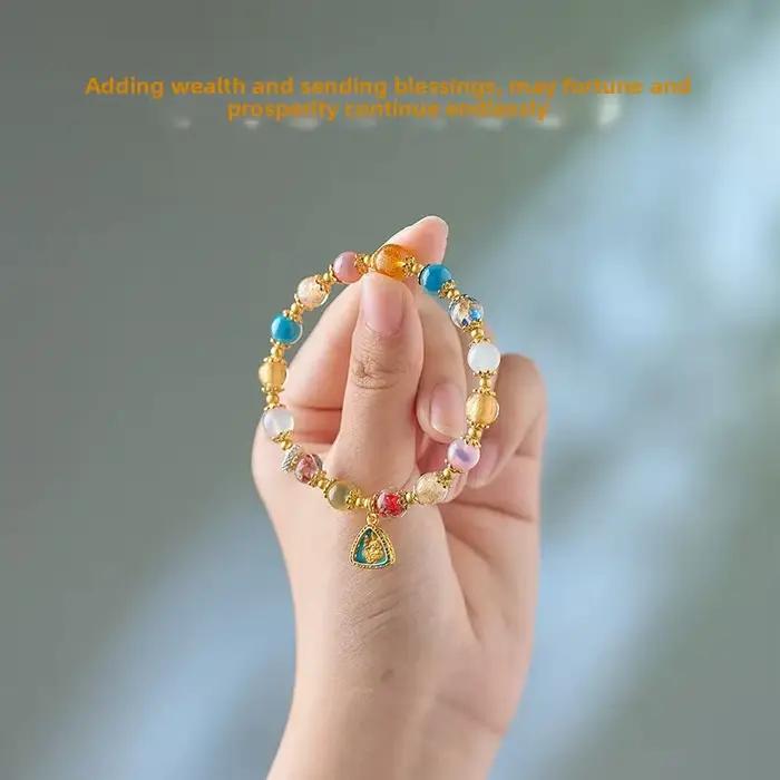 Ins Zakilam Bracelet demi-sucre coeur Agate main chaîne coloré feuille d'or verre jaune dieu de la richesse coeur malédiction trésor chanceux