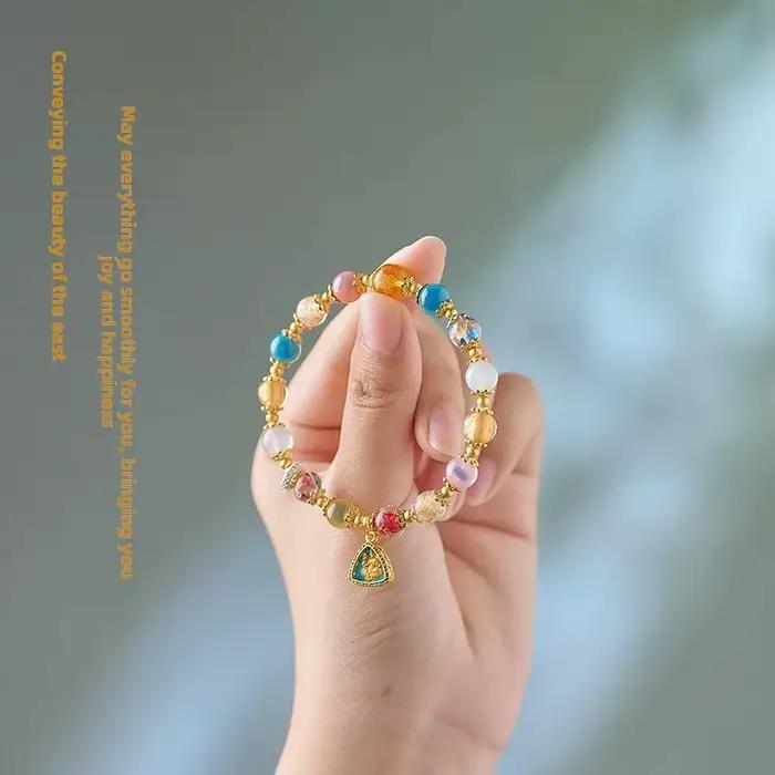 Ins Zakilam Bracelet demi-sucre coeur Agate main chaîne coloré feuille d'or verre jaune dieu de la richesse coeur malédiction trésor chanceux