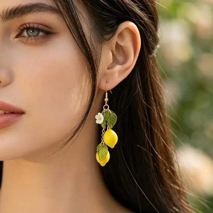 Boucles d'oreilles personnalisées citron avec longue pampille, boucles d'oreilles pendantes fruits d'été, bijoux bohèmes polyvalents, cadeau pour femme