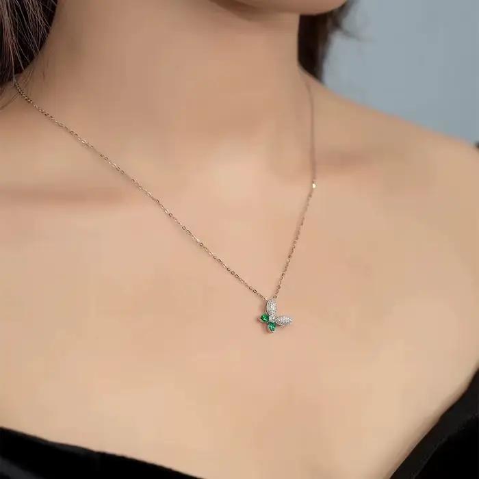 Collier de luxe pour femmes, collier papillon brillant incrusté de Zircon vert, pendentif, nouveau timbre 925, bijoux, ornement de fête