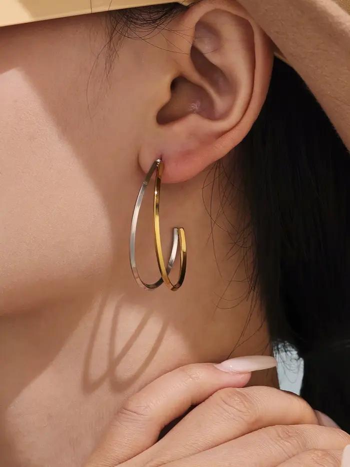 Boucles d'oreilles plaquées or bicolores pour femmes, pendentif Simple, grande ligne C, cerceau d'oreille en acier inoxydable, bijoux à breloques étanches