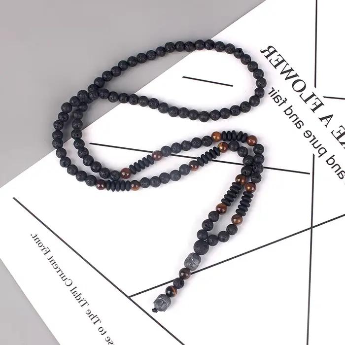 Collier perlé œil de tigre pour homme et femme, pierre de lave, pendentif tête de bouddha, 6mm