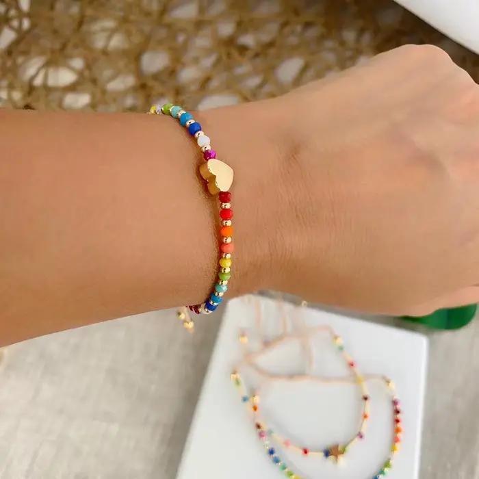 Bracelet en corde à main plaqué or 18 carats, breloque en forme de cœur, perles de cristal arc-en-ciel, Simple, Style européen et américain pour filles