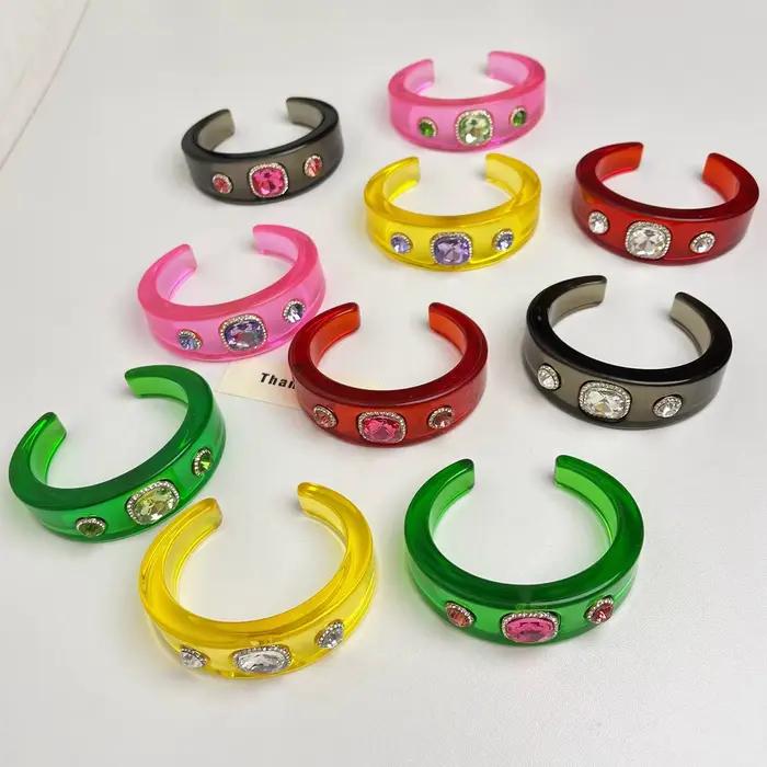 Bracelet en résine avec strass colorés, Design exagéré Unique, à la mode, exquis, multicolore, géométrique, circulaire, large