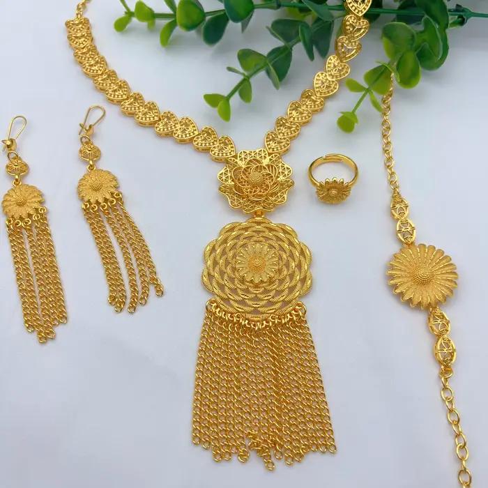Parure de collier long à pampilles couleur or 24K indien, bijoux de luxe nigériens, éthiopiens, de Dubaï pour fêtes, mariages et mariées, vente en gros, cadeaux
