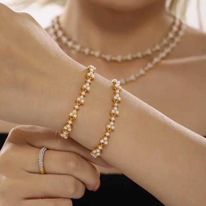 Collier et Bracelet en acier inoxydable pour femmes, avec perles de coquillage, plaqué or 18 carats, bijoux de luxe pour femmes