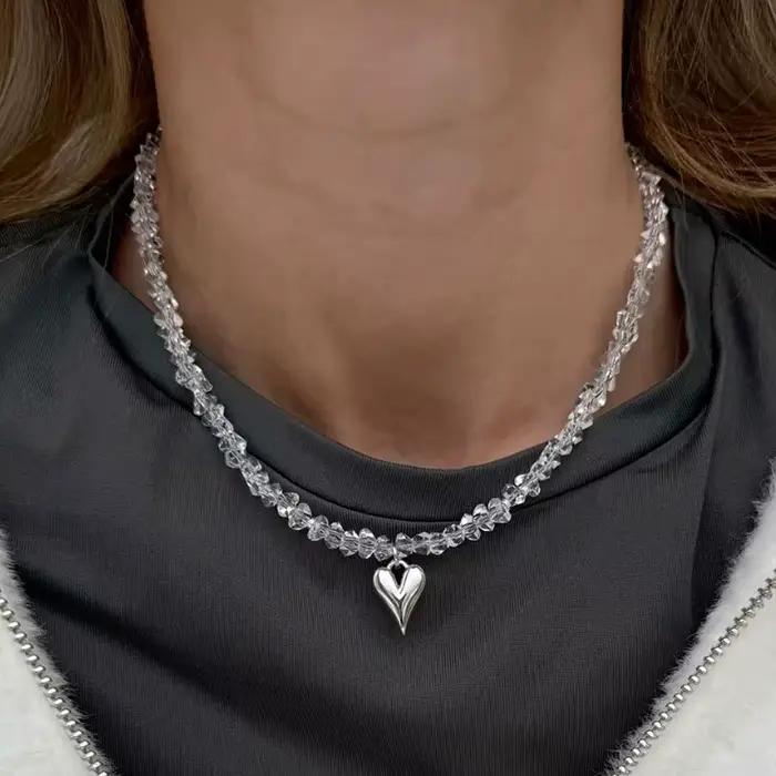 Collier pendentif coeur en cristal pour femmes, style Boho Barlotte, chaîne de perles d'imitation, bijoux, cadeau de saint valentin, N526