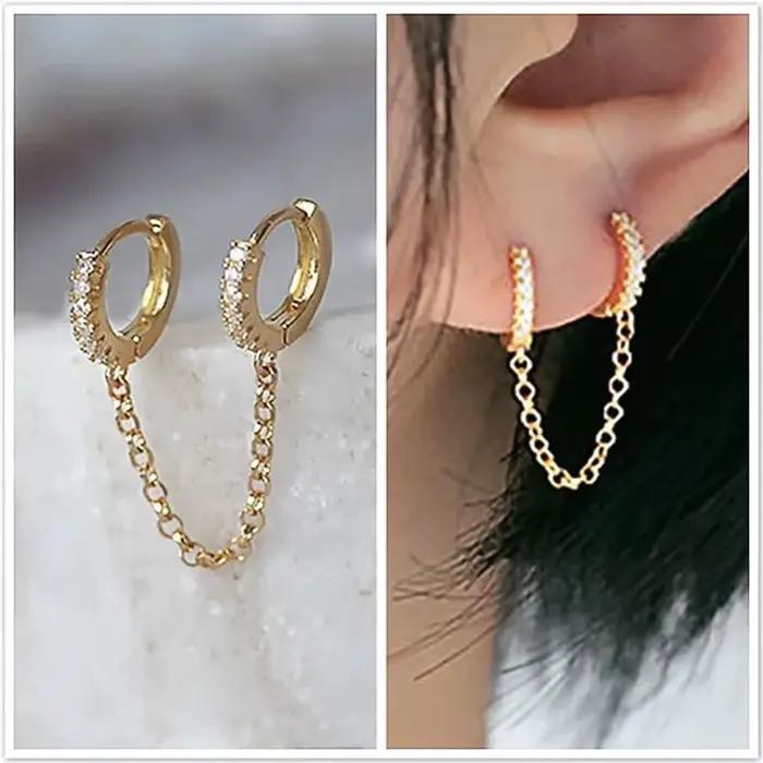 Boucles d'oreilles en argent Sterling 925 pour femmes, 1 pièce, Piercing à deux trous, cristal brillant, Zircon, 2 couleurs métalliques, chaîne, bijoux de fête
