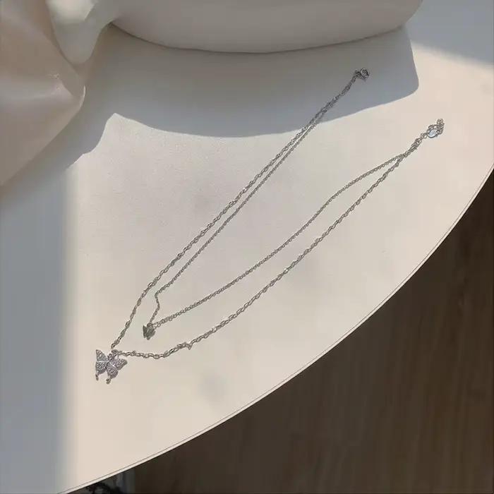 Collier papillon double couche en argent regardé S925 pour femme, accessoires de clavicule, frais, petit, brillant, INS