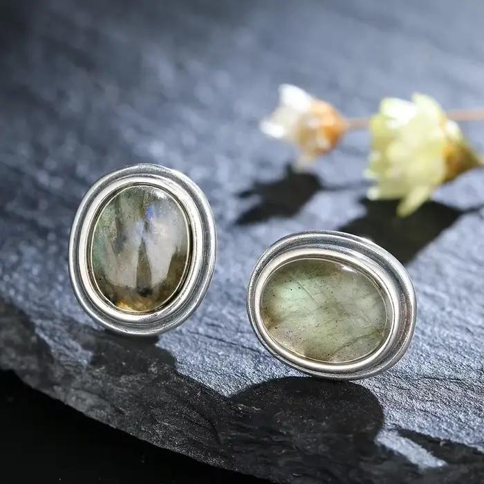 Boucles d'oreilles clous en labradorite naturelle 8x10MM pour femme, bijoux en argent sterling 925, style simple et vintage, cadeau d'anniversaire ou de fête