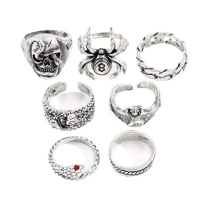 6 pièces Punk Poker Joker couleur argent anneaux pour hommes Goth squelette billard ensemble Couple Emo mode bijoux Anillos Hombre