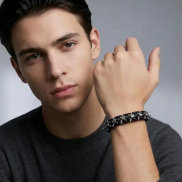Bracelet ajustable en corde tressée avec épines de dragon gothique en métal pour hommes, bijoux punk hip-hop