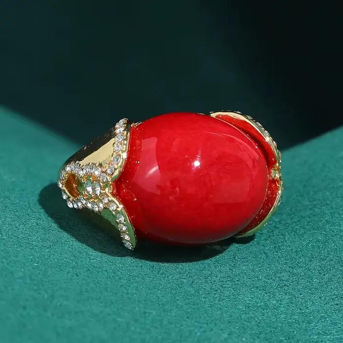 Bagues ovales vintage en agate rouge pour femme, bijoux de luxe Art Déco avec strass couleur or, marque de mode pour filles, cadeau de haute qualité pour fête