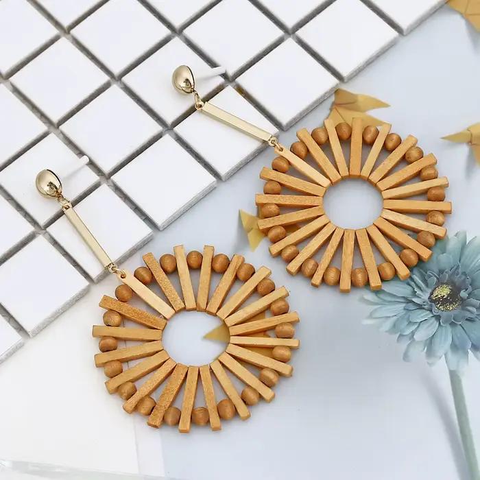 YAOLOGE – boucles d'oreilles pendantes Vintage en bois de rotin, faites à la main, géométriques en bambou, pour femmes, bijoux de Bar, vente en gros, 2019