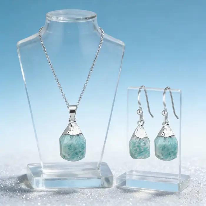 Ensemble de bijoux naturels, Quartz Rose, Amazonite, acier inoxydable, boucles d'oreilles en argent S925, combinaison de collier, bijoux Premium, cadeau de vacances