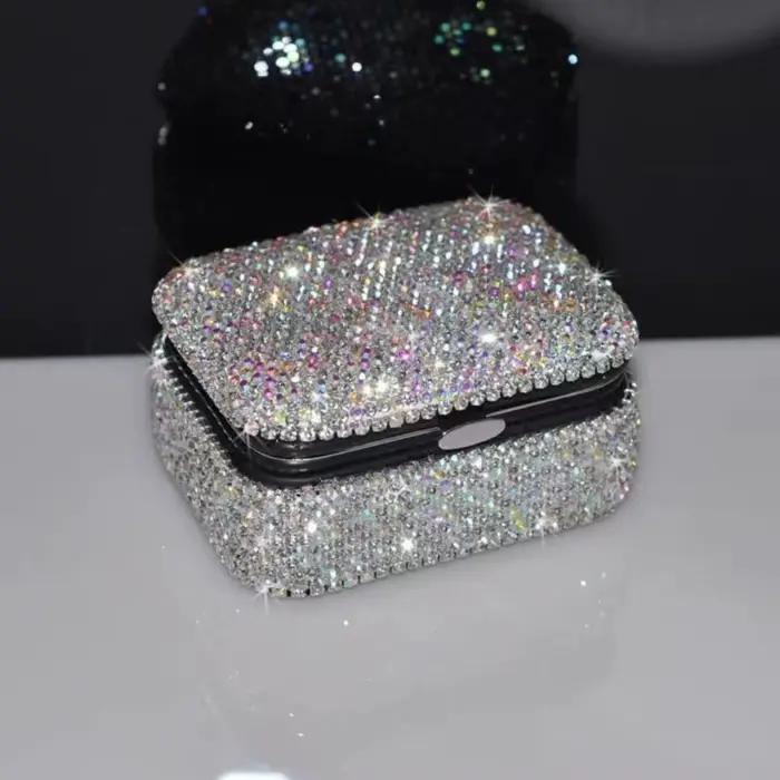 Mini boîte à bijoux scintillante avec miroir, mallette de rangement de colliers de luxe créative, boîte à bijoux carrée en strass et diamant, Dressing