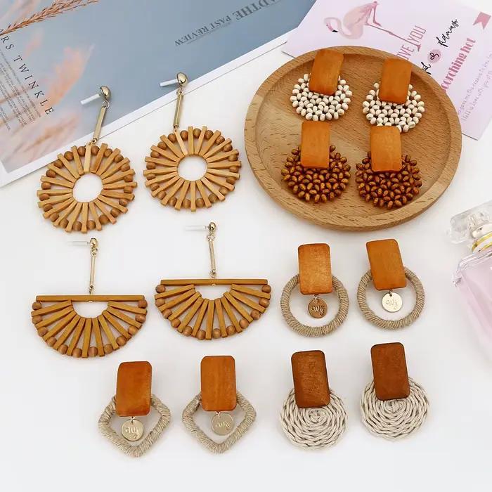 YAOLOGE – boucles d'oreilles pendantes Vintage en bois de rotin, faites à la main, géométriques en bambou, pour femmes, bijoux de Bar, vente en gros, 2019