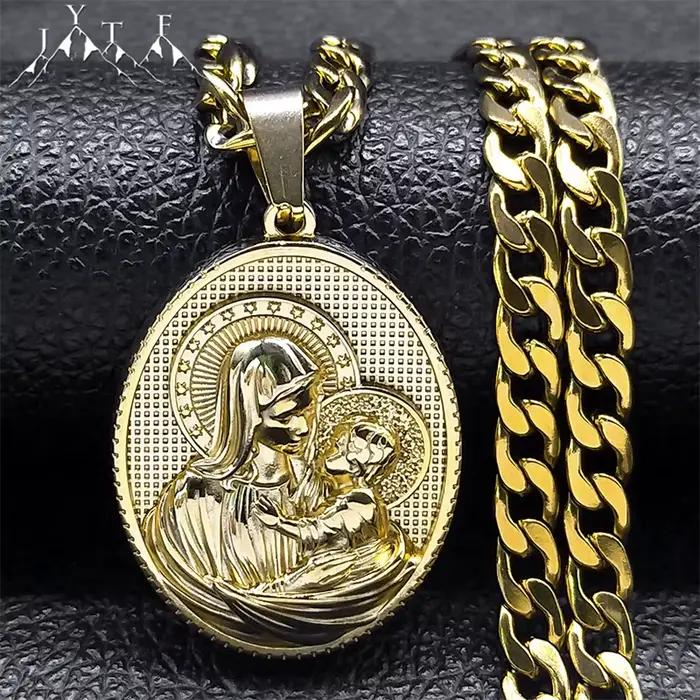 Collier médaille vierge marie et bébé pour hommes et femmes, pendentif religieux géométrique, en acier inoxydable, couleur or, bijoux ZZ453