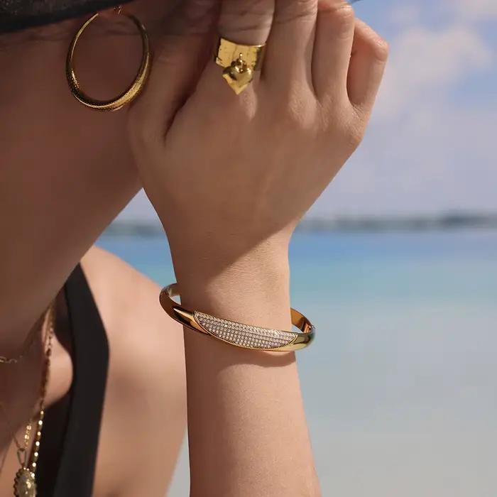 Bracelet en acier inoxydable plaqué or avec zircon blanc rose 5A pour femmes, bijoux de luxe imperméables, cadeau