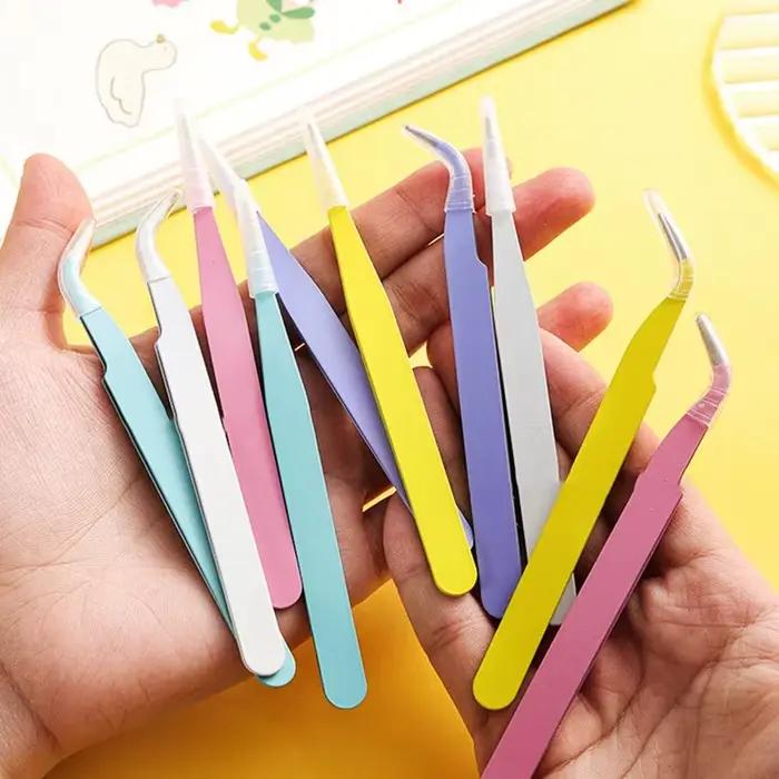 Pincettes droites et incurvées en acier inoxydable, colorées, rose, bleu, violet, bricolage, pincettes à cils, autocollant pour Nail Art, outil de cueillette de strass