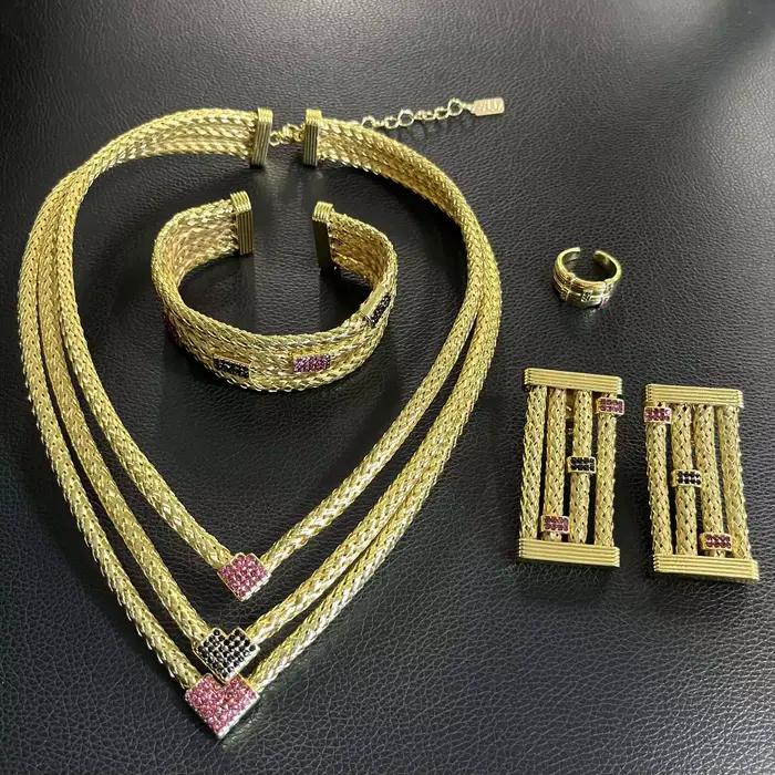 Bijoux plaqués or 24 carats pour femme, collier plaqué or coloré, boucles d'oreilles carrées, bracelet original, bijoux de mariage de luxe
