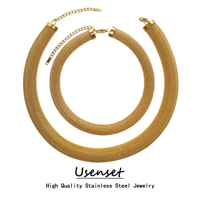 USENSET-Collier Rond en Maille Ajourée Plaqué Or pour Femme, Coréen, Acier Inoxydable, Hip Hop, Nouveau