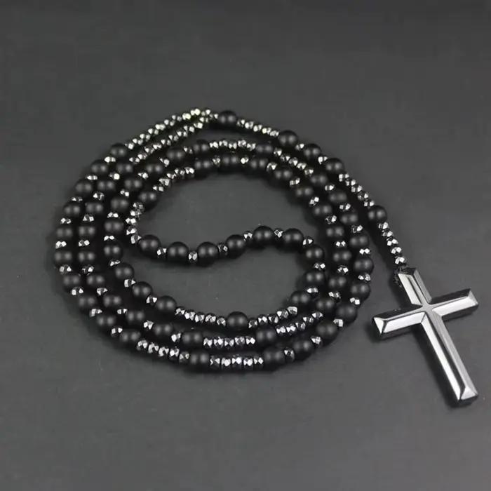 Collier en hématite pour homme, pendentif croix, chapelet, collier crucifix perlé pour lui, cadeau religieux pour père