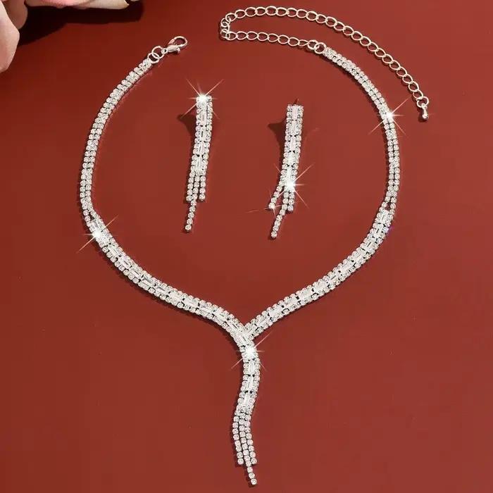Ensemble de bijoux élégant en forme de Y avec pampilles, collier et boucles d'oreilles pendantes rétro luxueux, ensemble collier et boucles d'oreilles exquis en strass