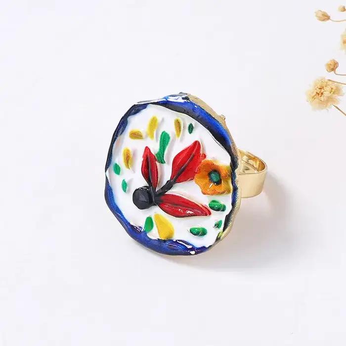 Bague en métal de style ethnique pastoral unique, imprimé fleurs et plantes, grenade, forme irrégulière et cœur, pour femme, NOUVEAU