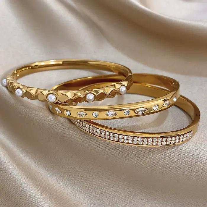Greatera – Bracelet ovale en strass doré, à la mode, deux rangées de diamants incrustés de perles en acier inoxydable pour femmes, nouveau