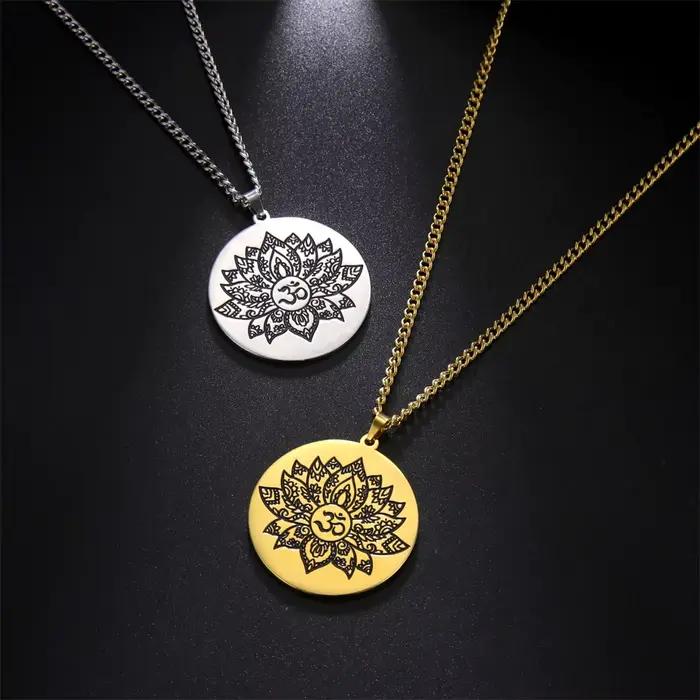 EUEAVAN Collier Pendentif Fleur de Lotus Om Vintage, Colliers Bouddhistes Hindous Aum Ohm, Amulette Porte-Bonheur, Bijoux de Mode pour Hommes