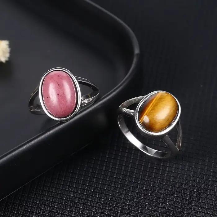 Bague simple et naturelle en œil de tigre 10*14mm, plaquée argent, bijoux pour femmes et hommes, grande pierre, bijoux vintage, cadeau