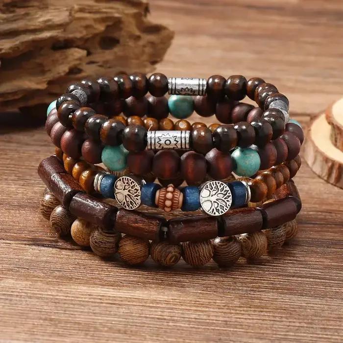 Bracelets en perles de bois de Bohême pour hommes et femmes, accessoires de bijoux féminins, breloques chics, cadeaux de fête, mode, ensemble de 5 pièces