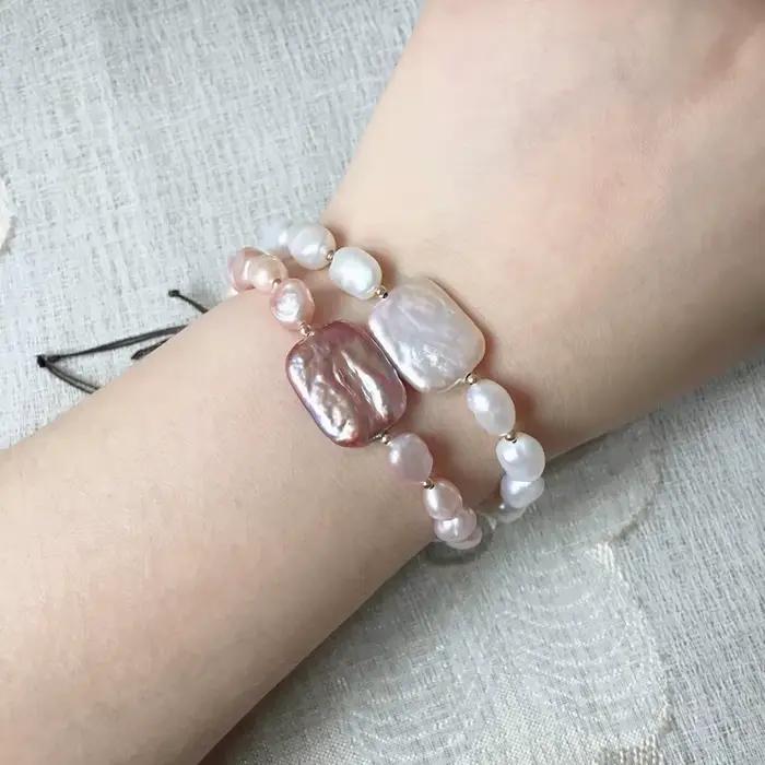 Mode Naturel D'eau Douce Perle Bracelets Rectangle Carré Baroque Perle Charme Guérison Vraies Perles Brin Bracelets pour Les Femmes