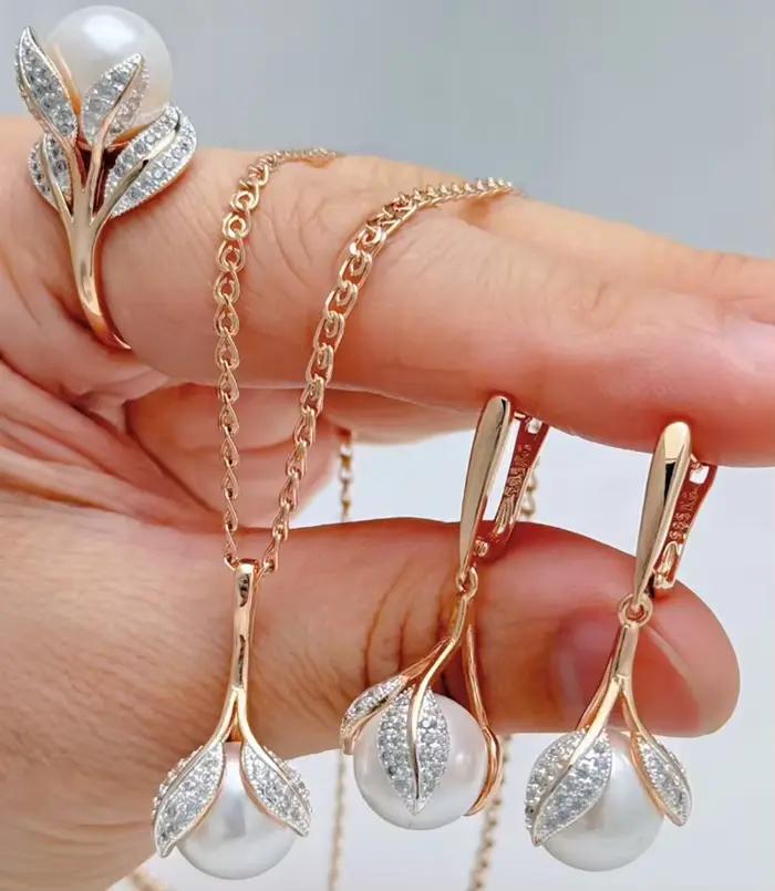 Wbmqda – grandes bagues en perles blanches pour femmes, couleur or Rose 585, bijoux de luxe en Zircon, cadeaux de mariage