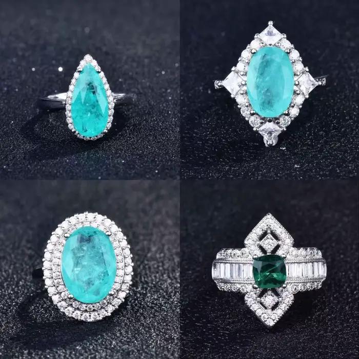 Bague de luxe en tourmaline Paraiba de forme géométrique pour femme, version argent micro-sertie de diamants
