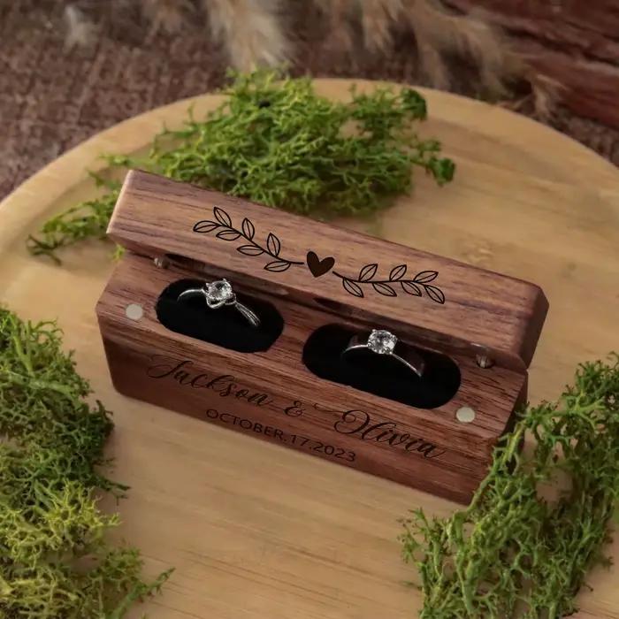 Boîte à bagues de mariage personnalisée-boîte à double bague en bois, boîte porteur de bagues, porte-anneau unique, proposition de boîte à bagues, mariage rustique moderne