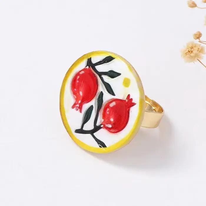 Bague en métal de style ethnique pastoral unique, imprimé fleurs et plantes, grenade, forme irrégulière et cœur, pour femme, NOUVEAU