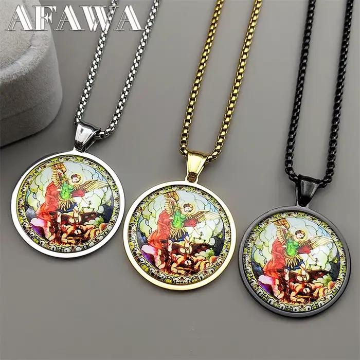 SAINT MICHAEL PROTECT US archange acier inoxydable verre pendentif collier pour femmes hommes couleur or chrétien amulette bijoux