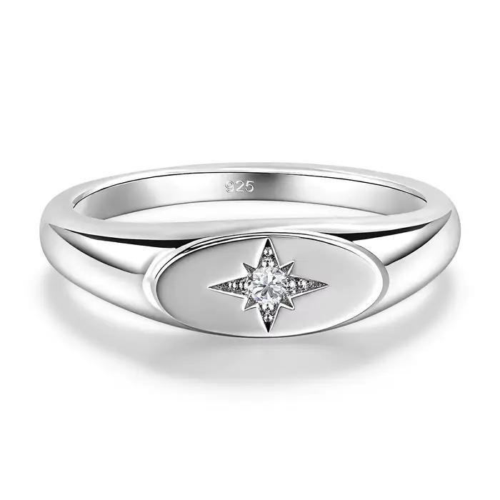 Bague Chevalière en Argent Sterling 925 avec Moissanite Brillante Étoile Polaire à Huit Branches, Bijou Minimaliste de Promesse et de Déclaration