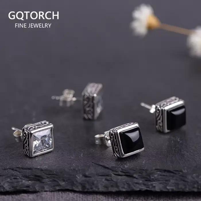 Boucles d'oreilles en argent regardé S925 pour femmes, bijoux en argent thaïlandais, artisanat vintage, agate noire, carré simple, Zunderes