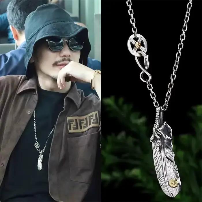 Collier long pour pull, style griffe d'aigle, plume, Taijiao, forme géométrique, chaîne simple avec perles rondes, tendance personnalité