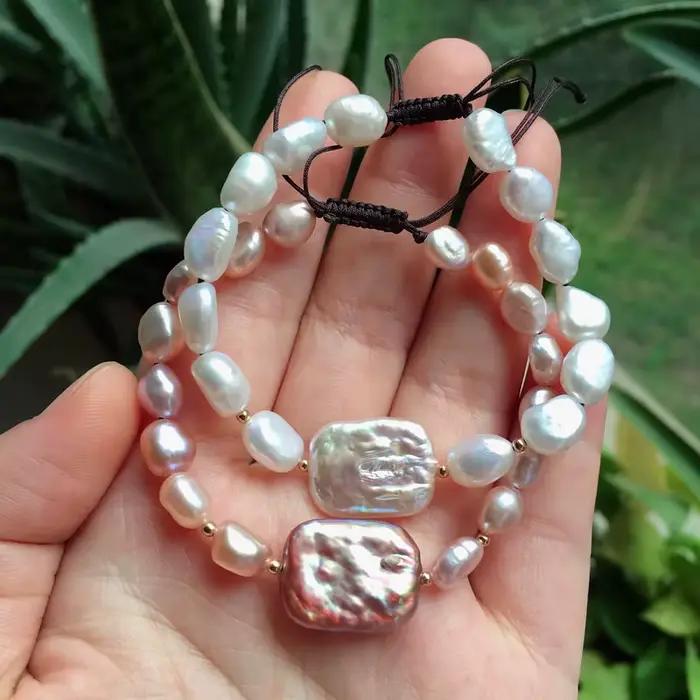 Mode Naturel D'eau Douce Perle Bracelets Rectangle Carré Baroque Perle Charme Guérison Vraies Perles Brin Bracelets pour Les Femmes