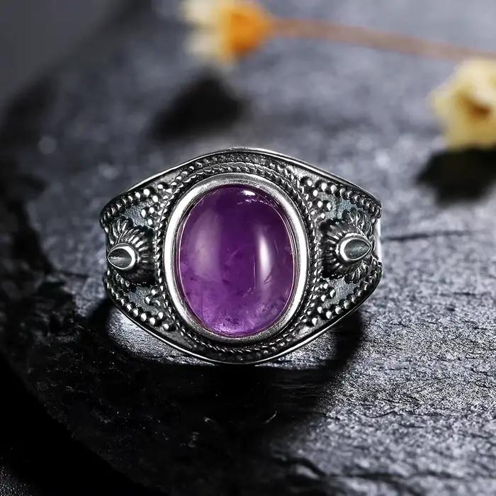 Bagues en argent améthyste naturelle pour hommes et femmes, bijoux fins pour fête d'anniversaire de mariage, cadeaux de fiançailles