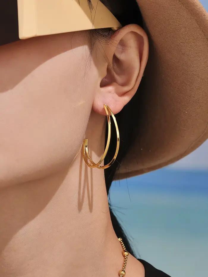 Boucles d'oreilles plaquées or bicolores pour femmes, pendentif Simple, grande ligne C, cerceau d'oreille en acier inoxydable, bijoux à breloques étanches