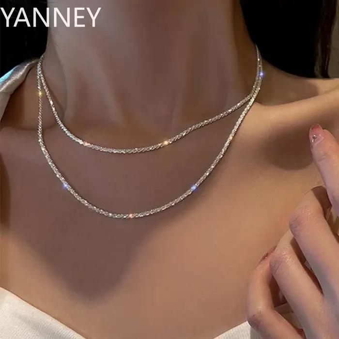 Collier en argent 925 brillant pour femmes, 40-75cm, clavicule à la mode, accessoires de bijoux de fête de mariage coréens pour filles