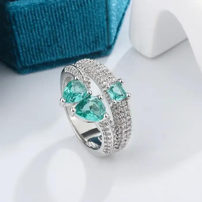 Bague en Zircon Paraiba exquise pour femmes, bague de mariage en argent 925 Double couche de haute qualité, bijoux de mariée, bague de fiançailles pour fête