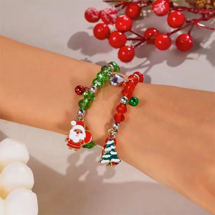 Bracelet de couple de perles de cristal de Noël pour femmes et hommes, vert, rouge, père Noël, arbre, coeur, perles de verre magnétiques, bracelet, bijoux de Noël